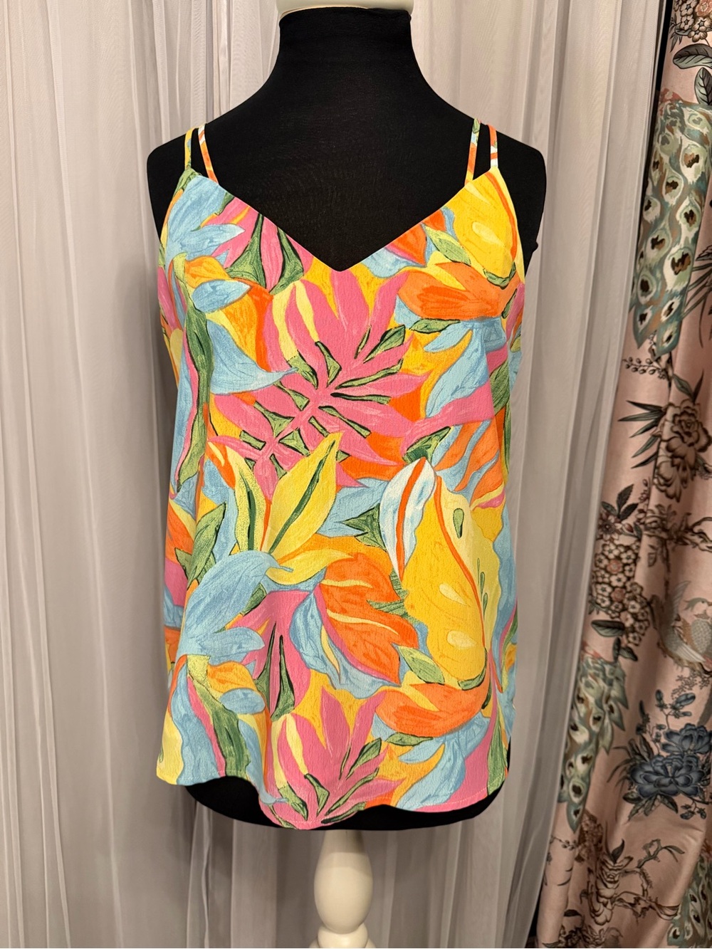 Vibrant Tropical Print Spaghetti Strap Cami Top - Pink & Yellow